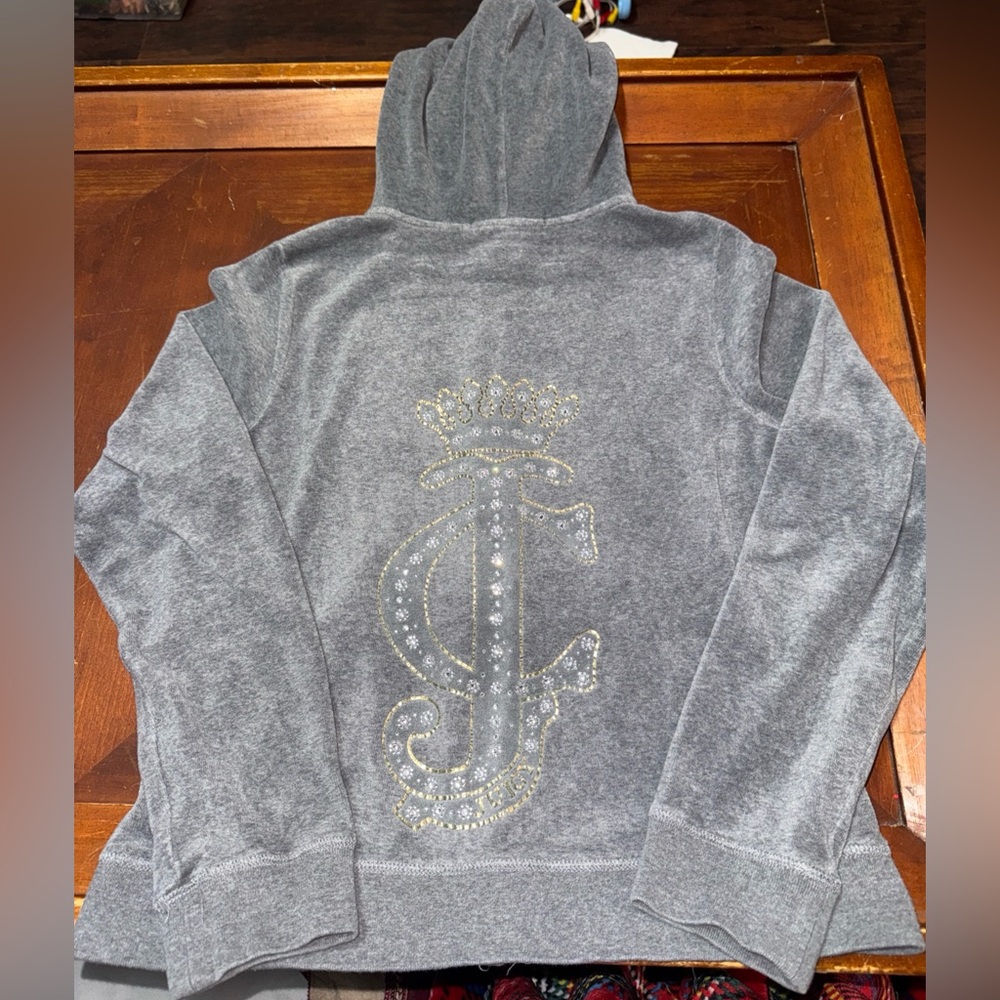 Juicy Couture Velour Full Zip Hoodie Bling Logo Graphic Vintage Gray X Large USA